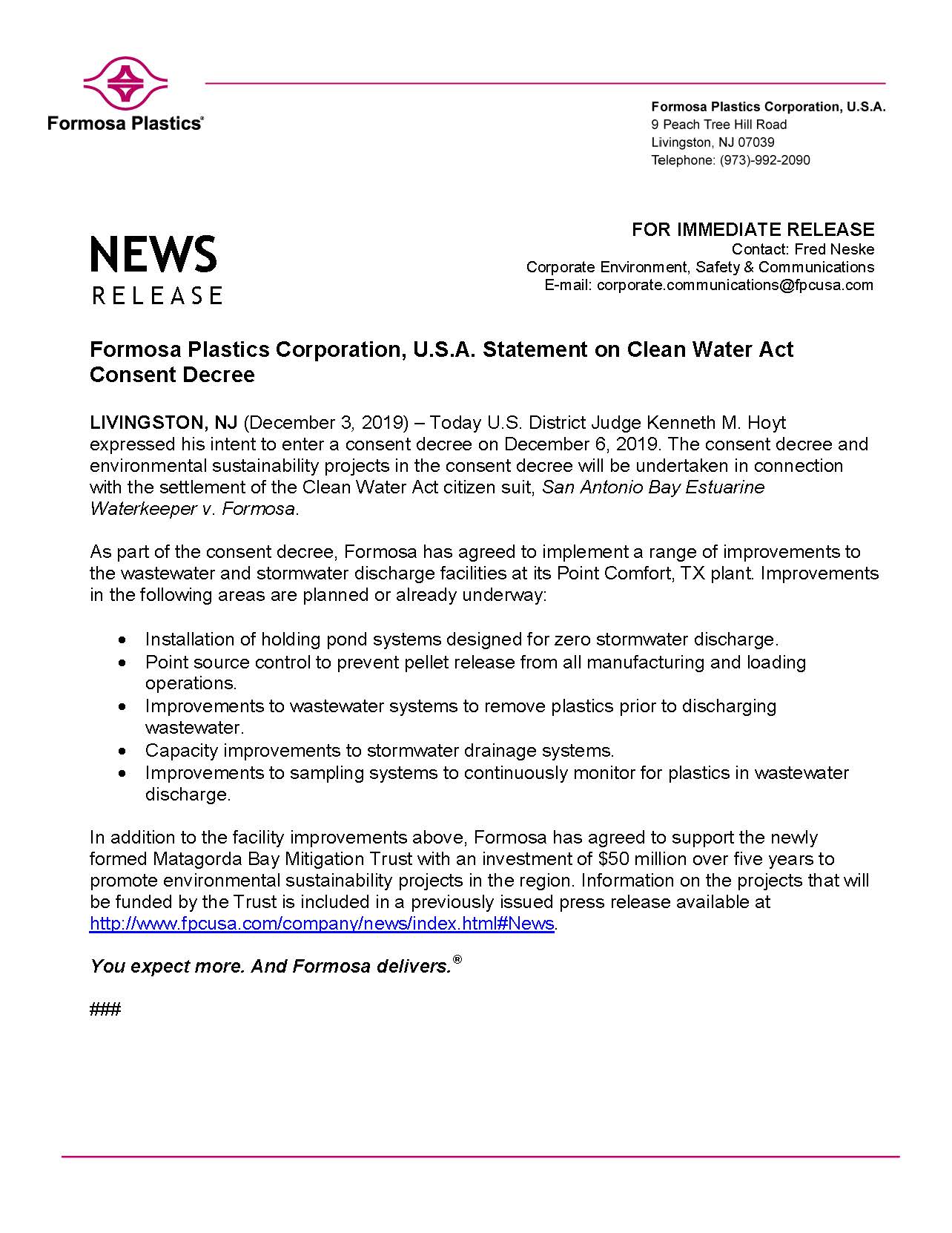 Formosa Plastics Corporation Texas Announcements